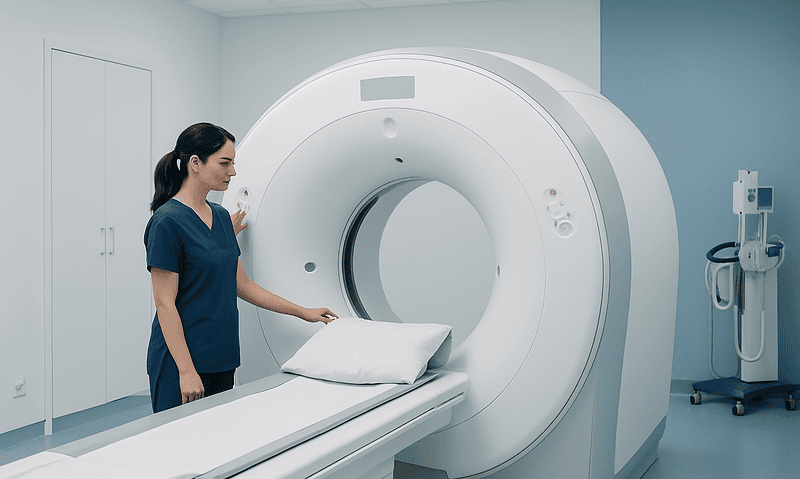 Medical professional prepares MRI scan in a modern hospital room.