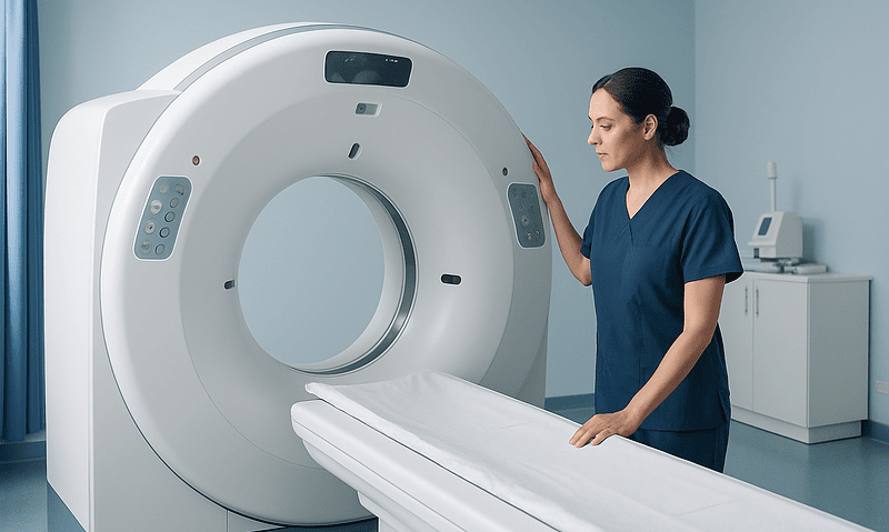 Medical professional preparing a CT scanner in a hospital room.
