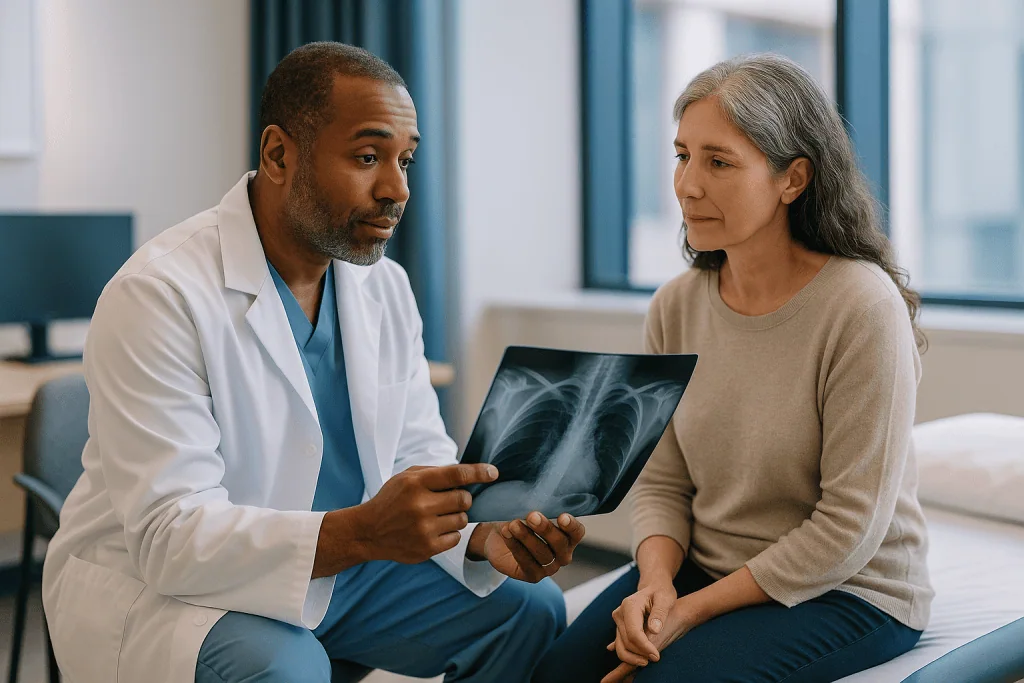 Doctor showing chest X-ray to mature female patient: Surgery vs radiation early stage lung cancer: what the evidence actuall