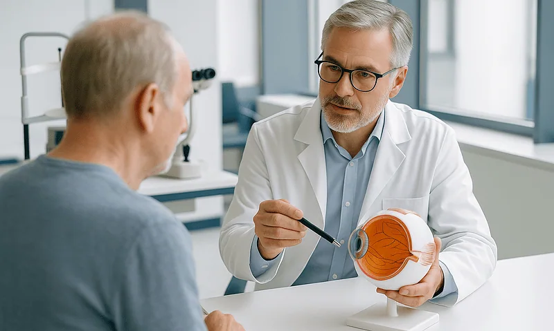 Ophthalmologist explaining eye anatomy to patient in clinic.
