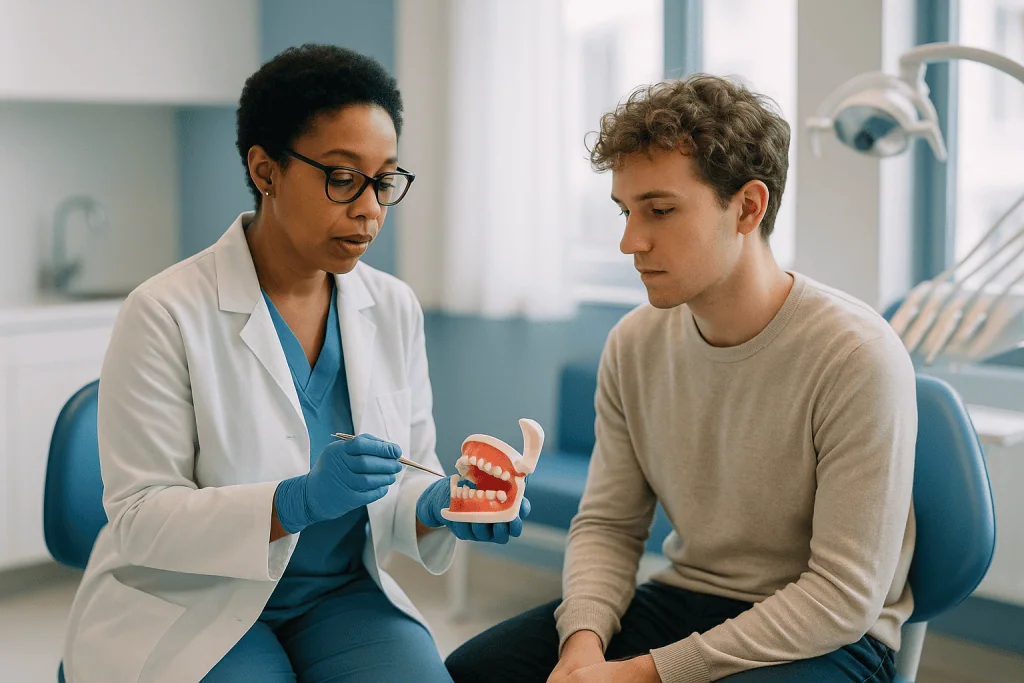 Dentist consulting patient using dental model: Surgical extraction vs simple extraction: what actually happens step by step