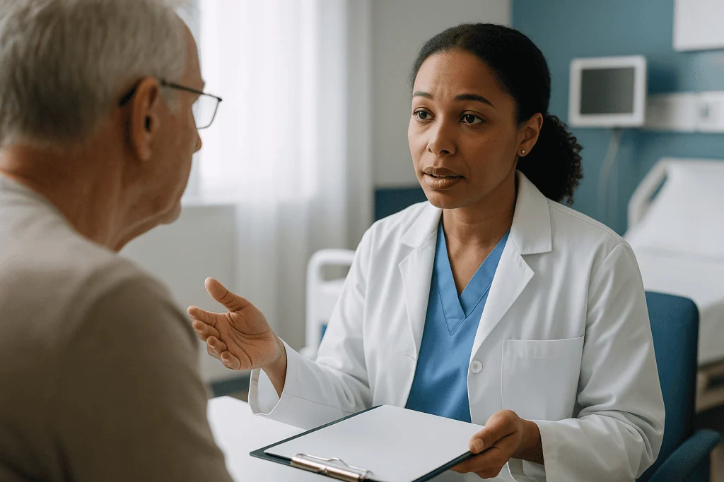 Female doctor consulting senior male patient in clinic: Surgical oncologist vs medical oncologist: who decides what?