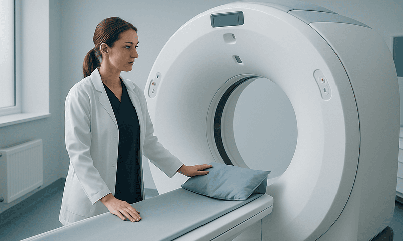 Medical professional prepares MRI scan in a modern hospital setting.