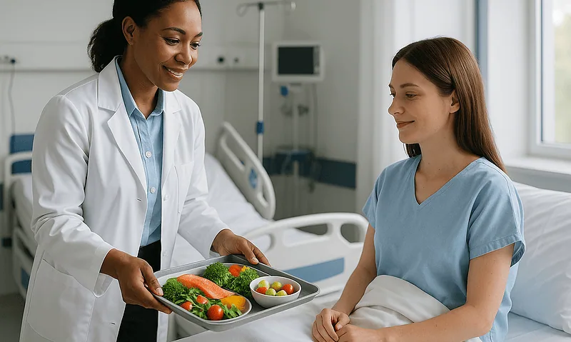 Healthcare professional serving a healthy meal to a patient in hospital.