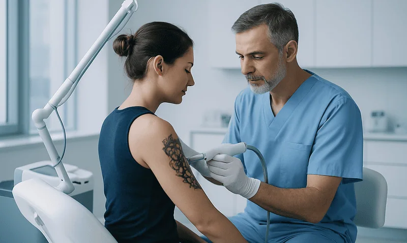Doctor performing tattoo removal procedure on patient's arm in clinic.