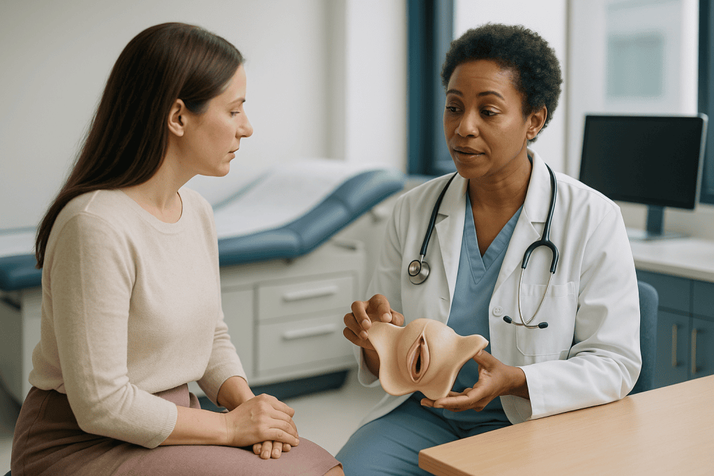 Doctor consulting patient using anatomical model: Surgical vs non surgical vaginal rejuvenation at a glance
