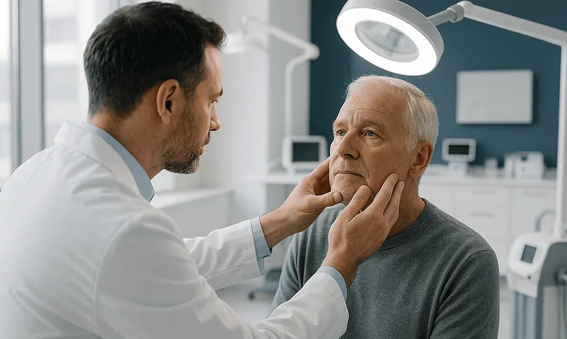 Doctor examining an elderly man's face in a medical clinic setting.