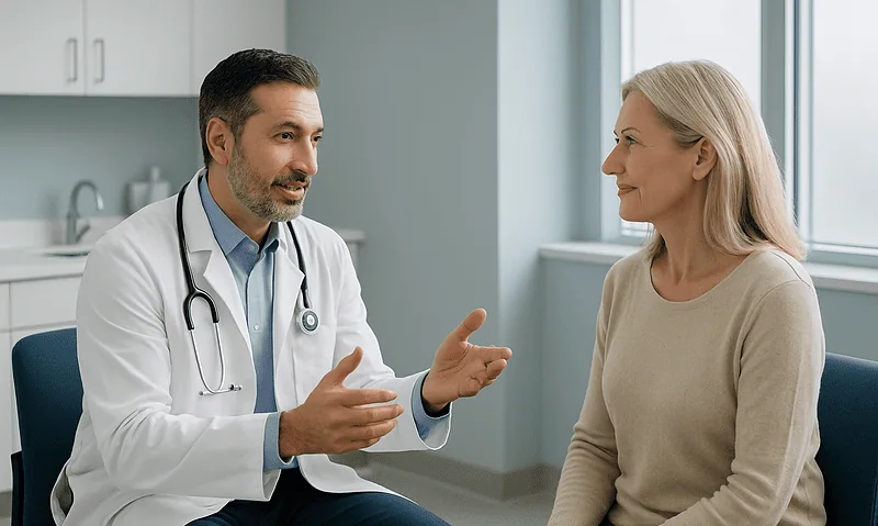 Doctor consulting with a mature woman in a medical office setting.