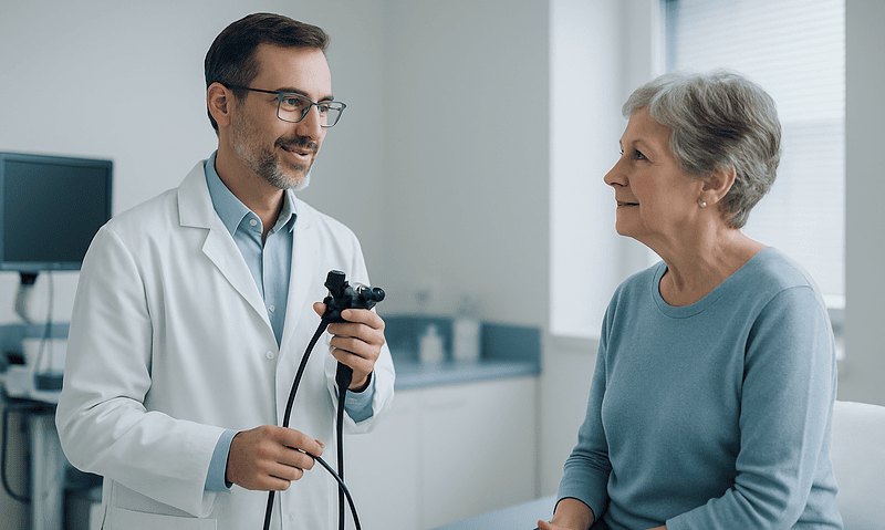 Doctor explaining endoscopy procedure to an elderly patient in a clinic.