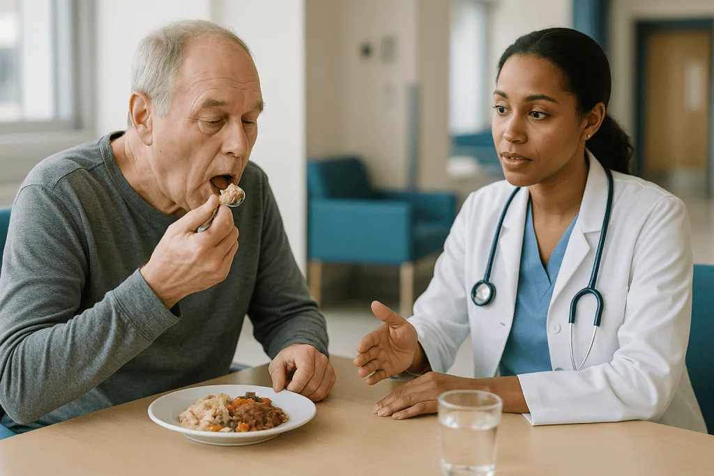 Elderly patient eating while consulting with female doctor: Swallowing therapy: why speech therapists watch every mealtime