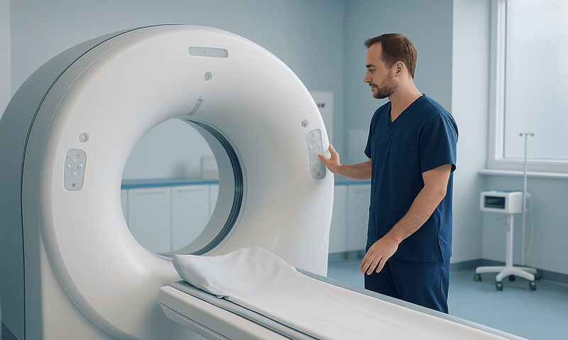 Medical technician prepares MRI machine in hospital room.