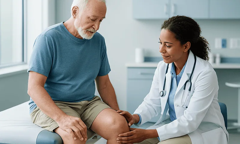 Doctor examining elderly man's knee in a medical clinic.
