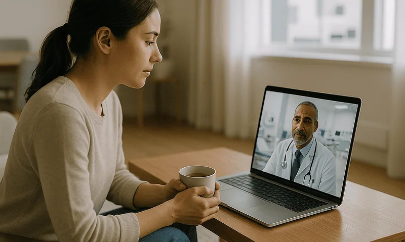 Woman having a telemedicine consultation with a doctor on her laptop.