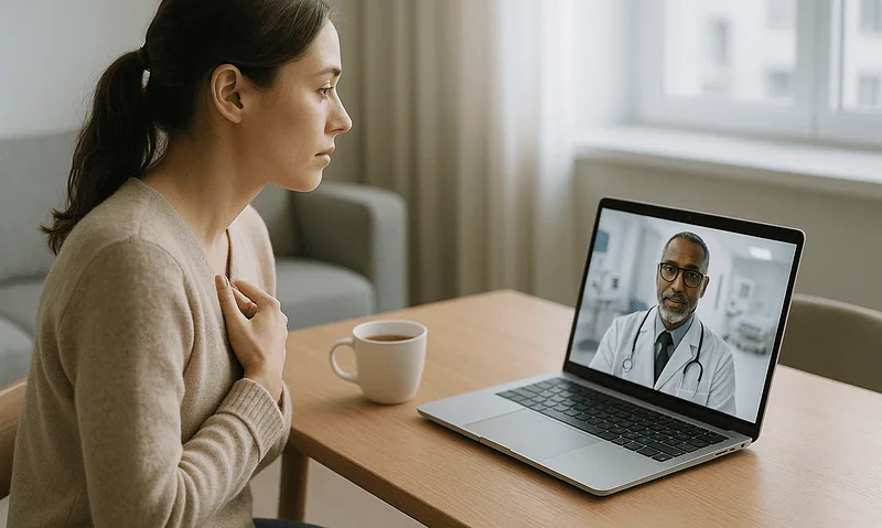 Woman consulting with a doctor via video call on laptop.