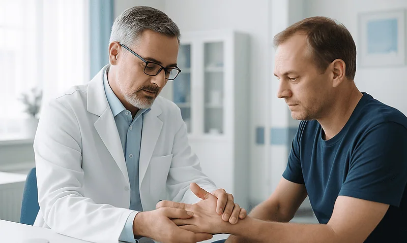 Doctor examining patient's swollen joints in a medical consultation.