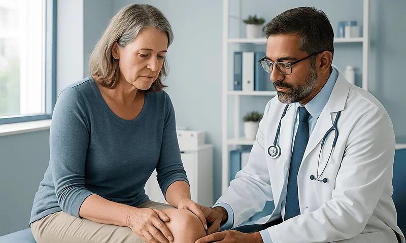 Doctor examining a woman's swollen knee in a medical office.