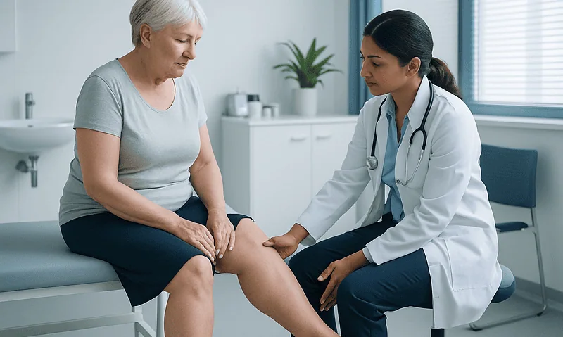 Doctor examining swollen lower leg of elderly woman in clinic.