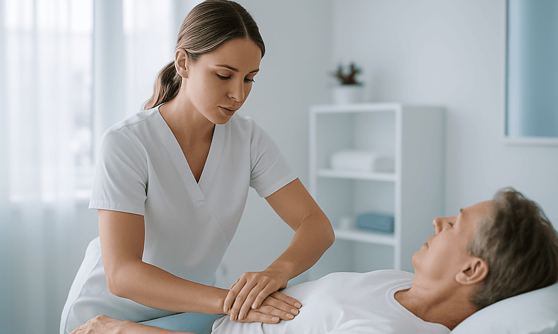 Nurse examining a patient with swollen lymph nodes in the neck.