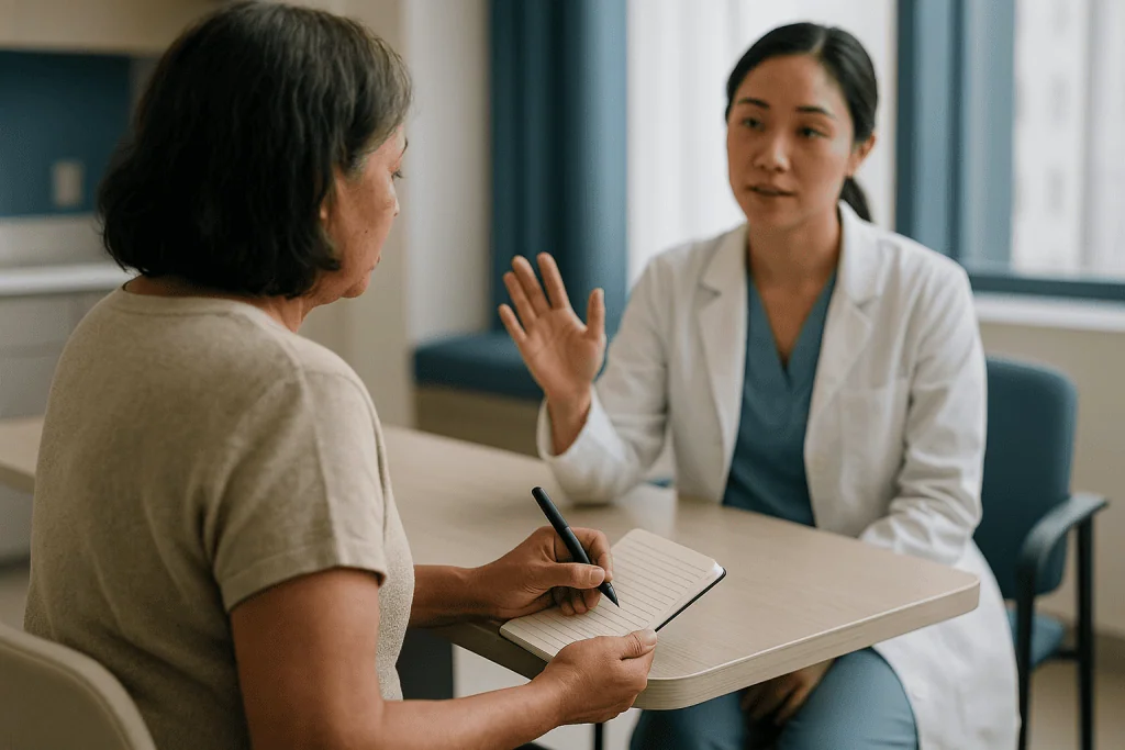 Female doctor consulting with older female patient: Symptom timing: why a diary beats memory