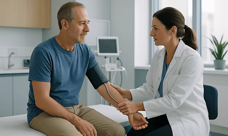 Doctor measuring patient's blood pressure in a hospital room.