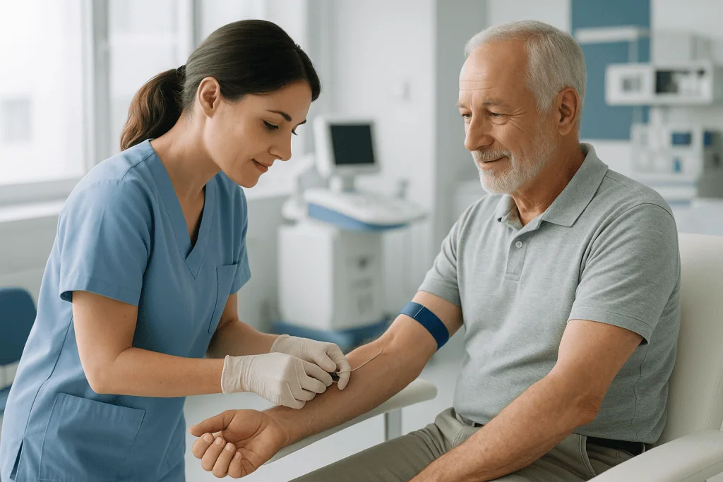 Syphilis 1 Healthcare professional drawing blood from a senior male patient in a clinical setting.
