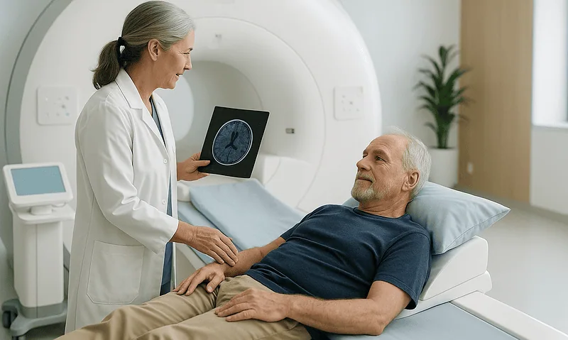 Doctor discussing MRI scan results with an elderly male patient in hospital.