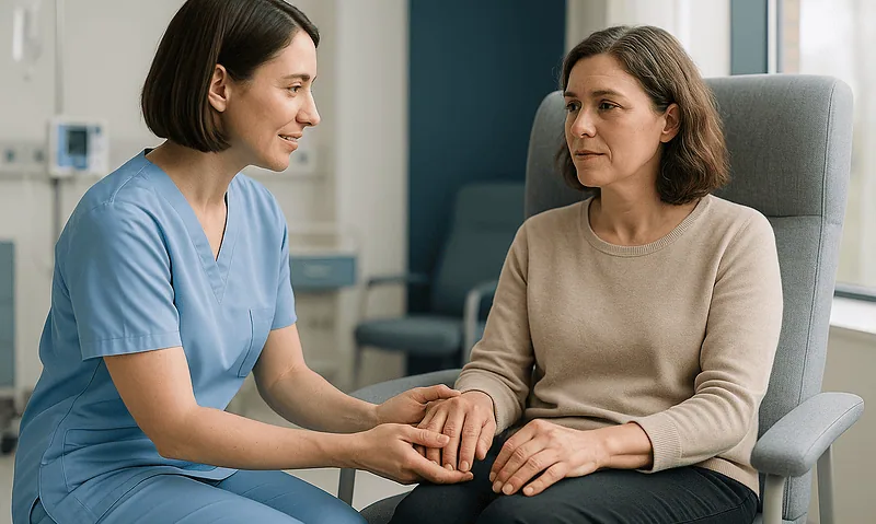 Doctor comforting a patient in a medical consultation room.