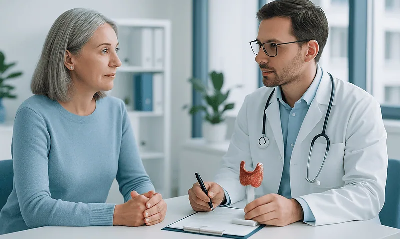 Doctor consulting with a patient about thyroid health in a modern clinic.