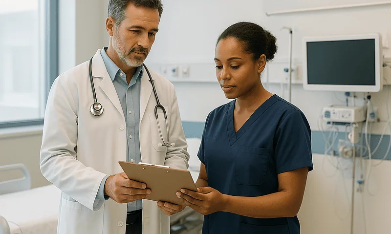 Doctor and nurse discussing patient care in hospital room.