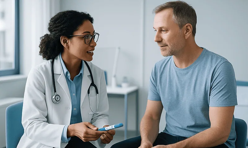 Doctor consulting with patient about medication before surgery.