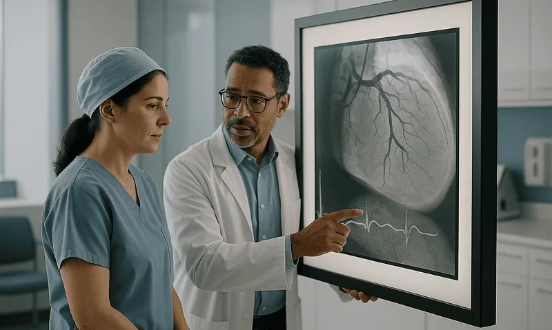 Doctors analyzing a heart X-ray in a hospital setting.
