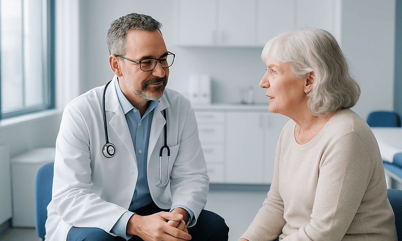 Doctor talking with an elderly woman in a medical consultation room.