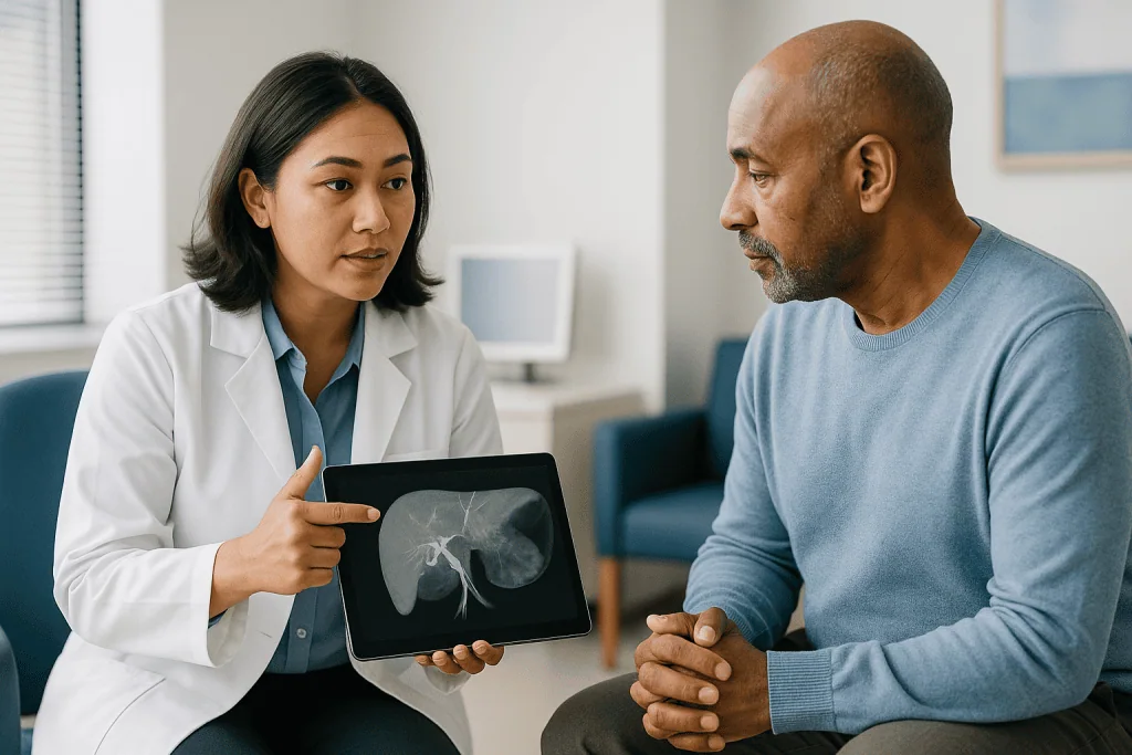 Doctor reviewing liver imaging scan with patient: TARE vs TACE at a glance: the one idea that separates them