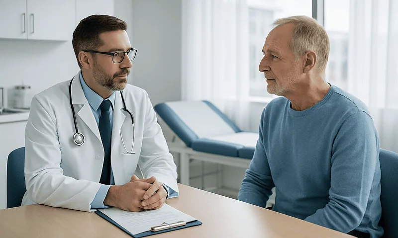 Doctor consulting with an elderly male patient in a hospital room.