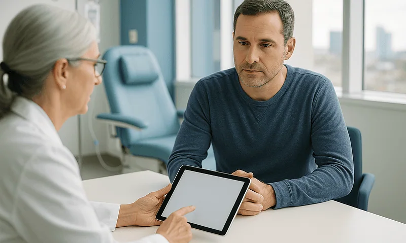Doctor consulting with a patient in a modern hospital room.