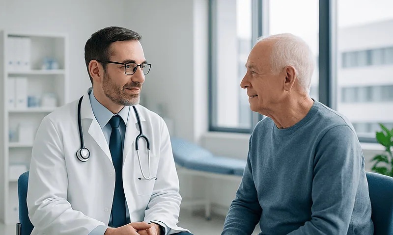 Doctor consulting with elderly patient in hospital room.