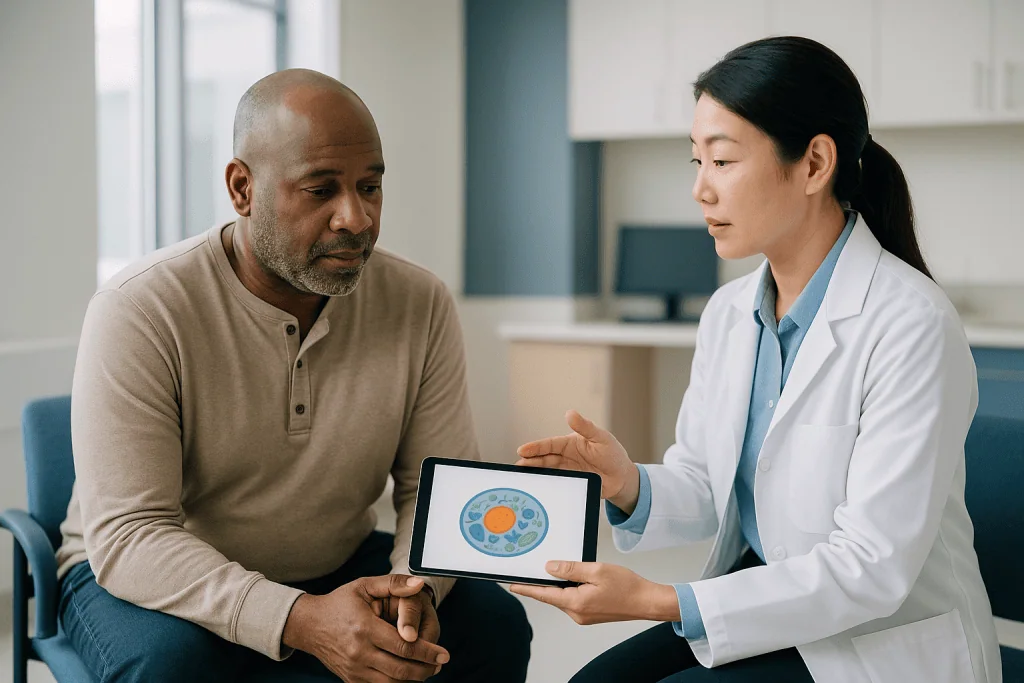 Doctor consulting patient with medical diagram on tablet: Targeted therapy for myelofibrosis: how it works inside the cell