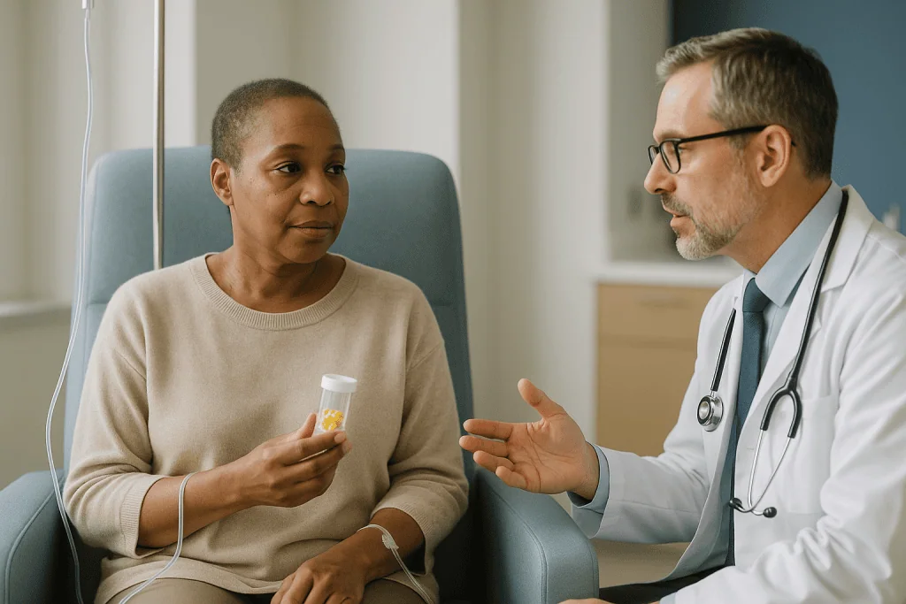 Doctor consulting patient, holding medication bottle: Targeted therapy vs chemotherapy at a glance