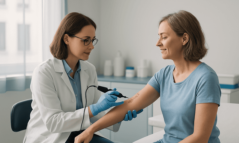 Doctor performing tattooing over a patient's scar in a clinical setting.