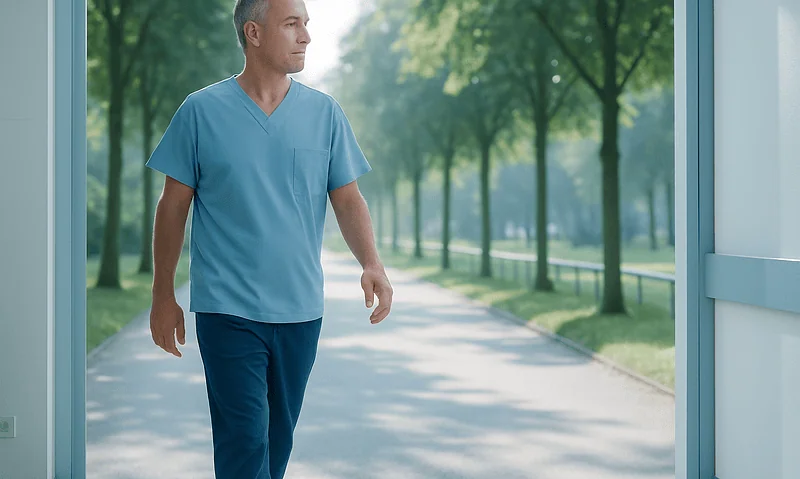 Male patient in blue scrubs walking outdoors after TAVI procedure.