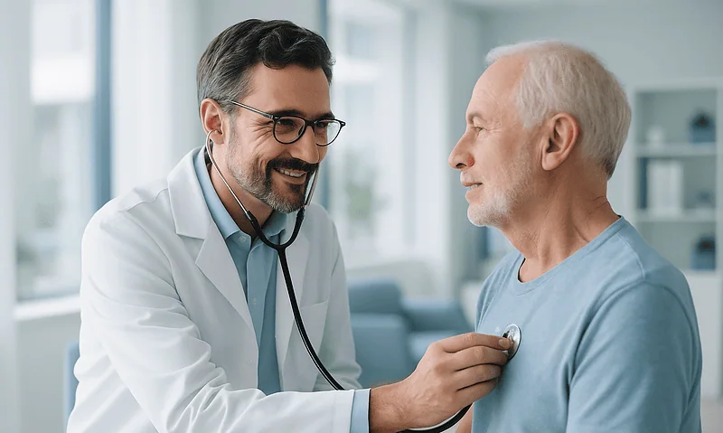 Cardiologist examining an elderly patient with stethoscope in a hospital.