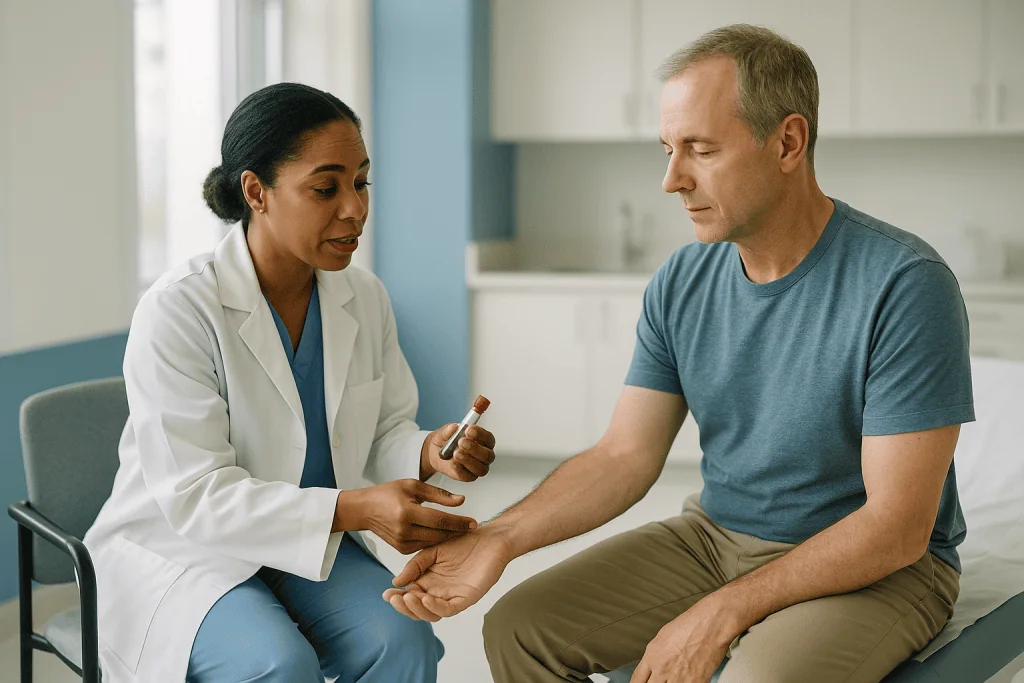 Doctor showing blood test sample to male patient: TB skin test vs blood test: what the IGRA does differently