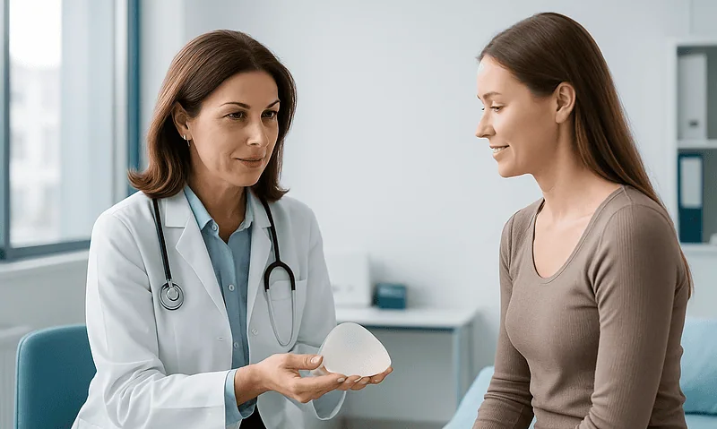 Doctor explaining teardrop breast implant to patient in consultation room.