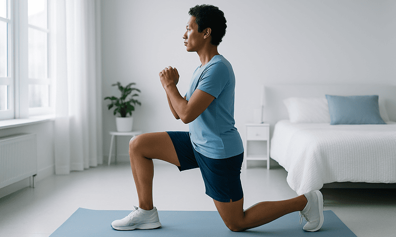 Woman performing lunges for neck and shoulder relief at home.