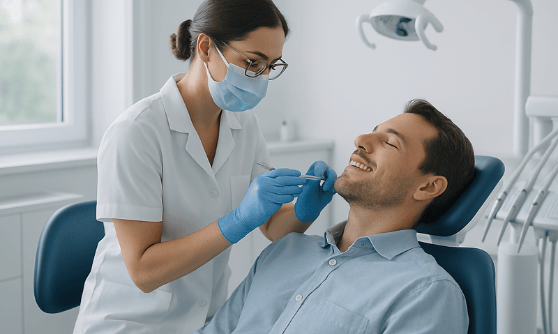 Dentist examining patient's teeth in a dental clinic.