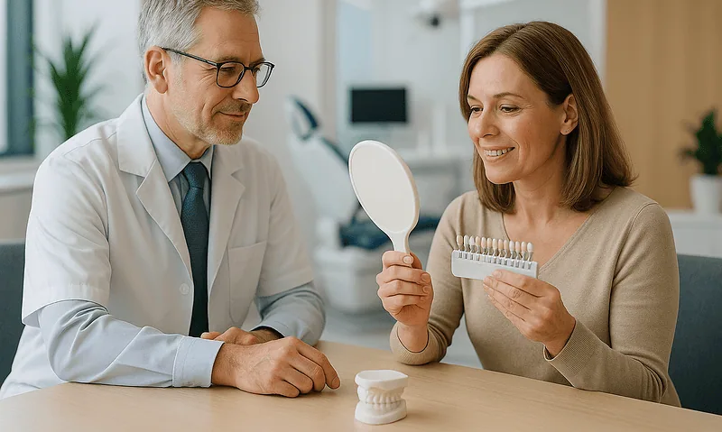 Dentist showing teeth veneer options to a patient in a clinic setting.