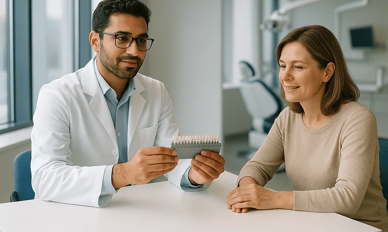 Dentist explaining teeth whitening options to a patient in a clinic.