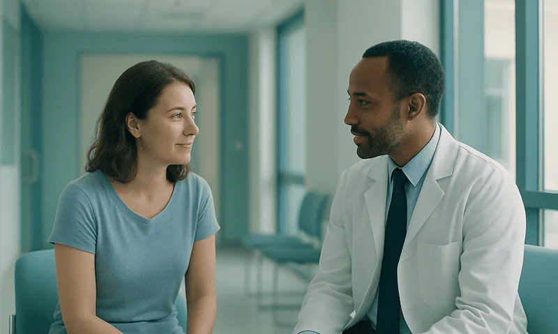 Patient consulting with doctor in a modern clinic setting.