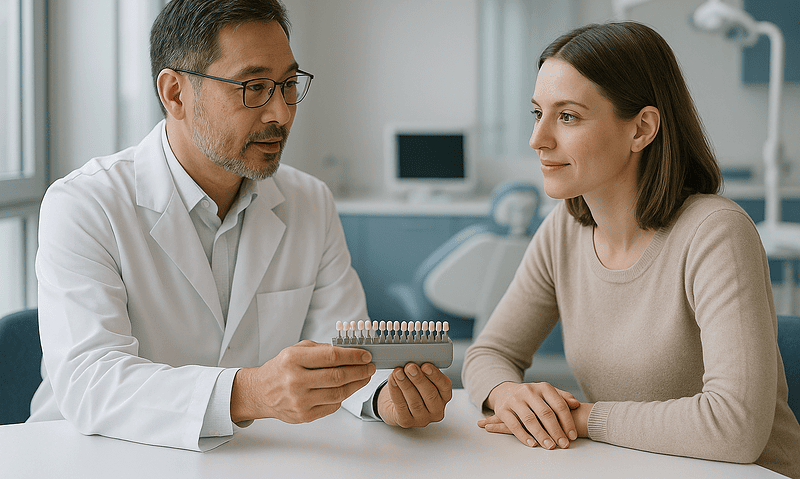 Dentist explaining teeth whitening options to a patient in a clinic.