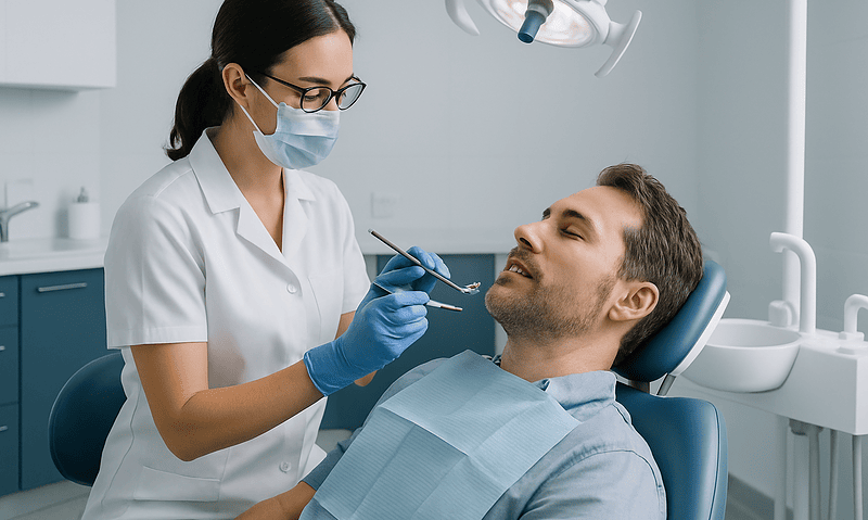 Dentist performing a dental check-up on a patient in a clinic.